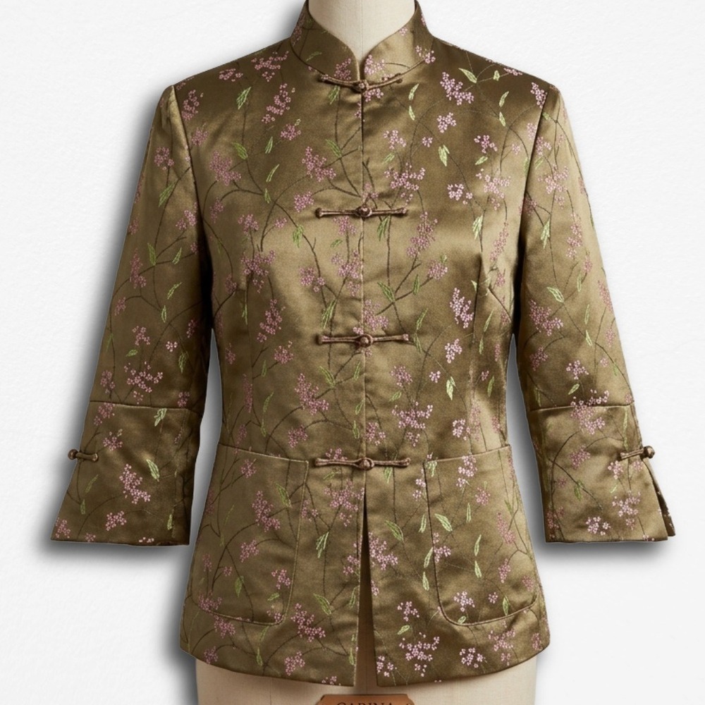LanVie Silk Blend Olive Green Floral Mandarin Collar Frog Button Blazer Jacket S